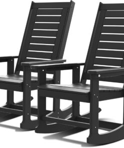 GREENVINES Outdoor Rocking Chairs Set of 2 HDPE Plastic Oversized High Back Ladder Back Porch Rockers