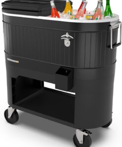 Permasteel Rolling Patio Cooler Outdoor Ice Chest with Wheels Beverage Cooler Rustic Farmhouse Design