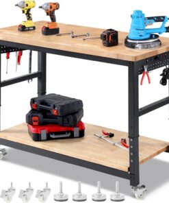 ENJOYWOOD Adjustable Garage Work Bench 60 Inch with Storage Shelf Pegboard Power Outlets