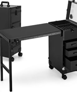 Rolling Manicure Table with Drawers, Bluetooth Speaker, LED Mirror, TSA Lock