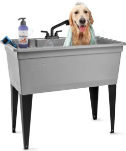 JS Jackson Supplies Tehila Freestanding Double Utility Sink Steel Legs Black Faucet Heavy Duty