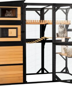 FunXplore Outdoor Cat Catio Enclosure 4 Tiers Walk-in Cat House with Window Access 5 Doors Weatherproof Roof PVC Canopy