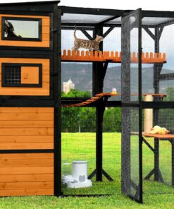 Lovinhut Outdoor Cat Enclosure Catio 4 Tiers Wood Cat House with Weatherproof Roof Platforms Scratching Pole Bridge