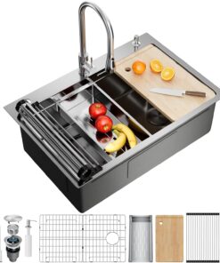 CAMMOO Drop In Kitchen Sink 33x22 Stainless Steel 304 Workstation Single Bowl Pop-Up Drain Accessories