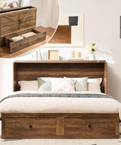 AMERLIFE Murphy Bed Cabinet Foldable Platform Bed with Charging Station Storage Barnwood