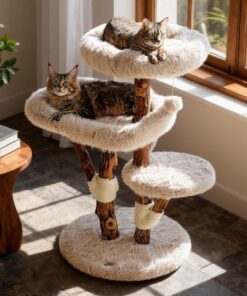 Cat Tree Tower for Large Cats Solid Wood Sisal Scratching Post Faux Fur Perches Platforms Toy Ball