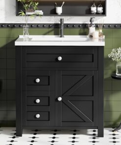 JUMMICO Bathroom Vanity 30" Freestanding Sink Cabinet with Drawers Flip-Down Door Side Storage Black