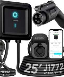EVIQO Level 2 EV Charger J1772 40 Amp 9.6kW 240V 25ft Cable WiFi Smart App Indoor Outdoor Weatherproof