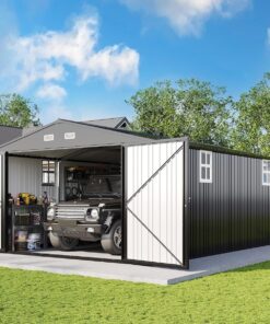 AMERLIFE Outdoor Metal Garage Shed 13x21x8 FT Large Storage with Double Doors 4 Windows Heavy Duty Carport